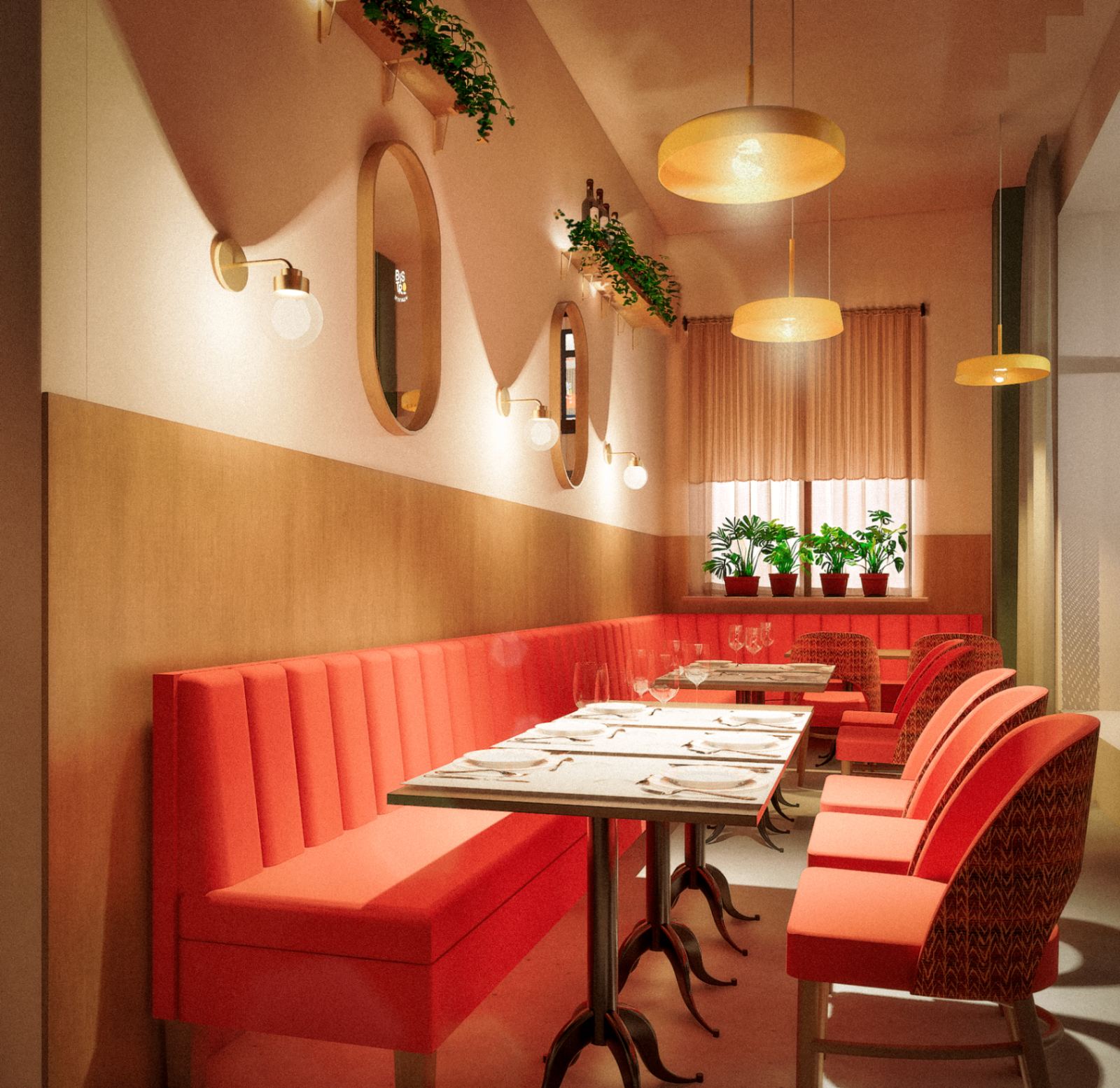 Inredning med citrusträd i Bistro Nykvarns matsal